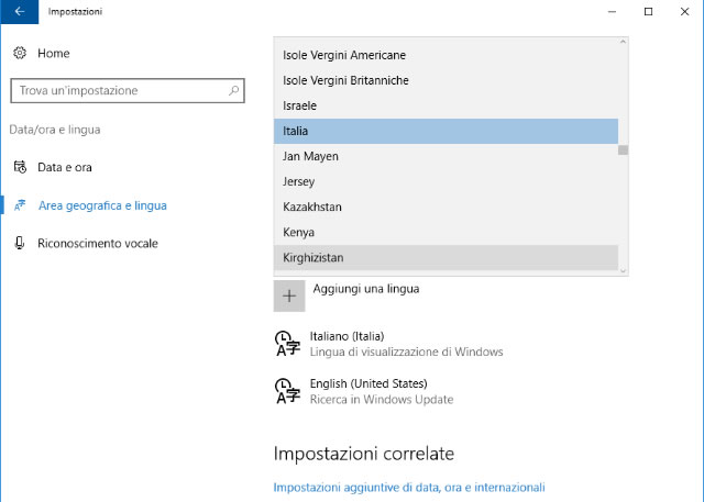 Cortana - selezione lingua di sistema